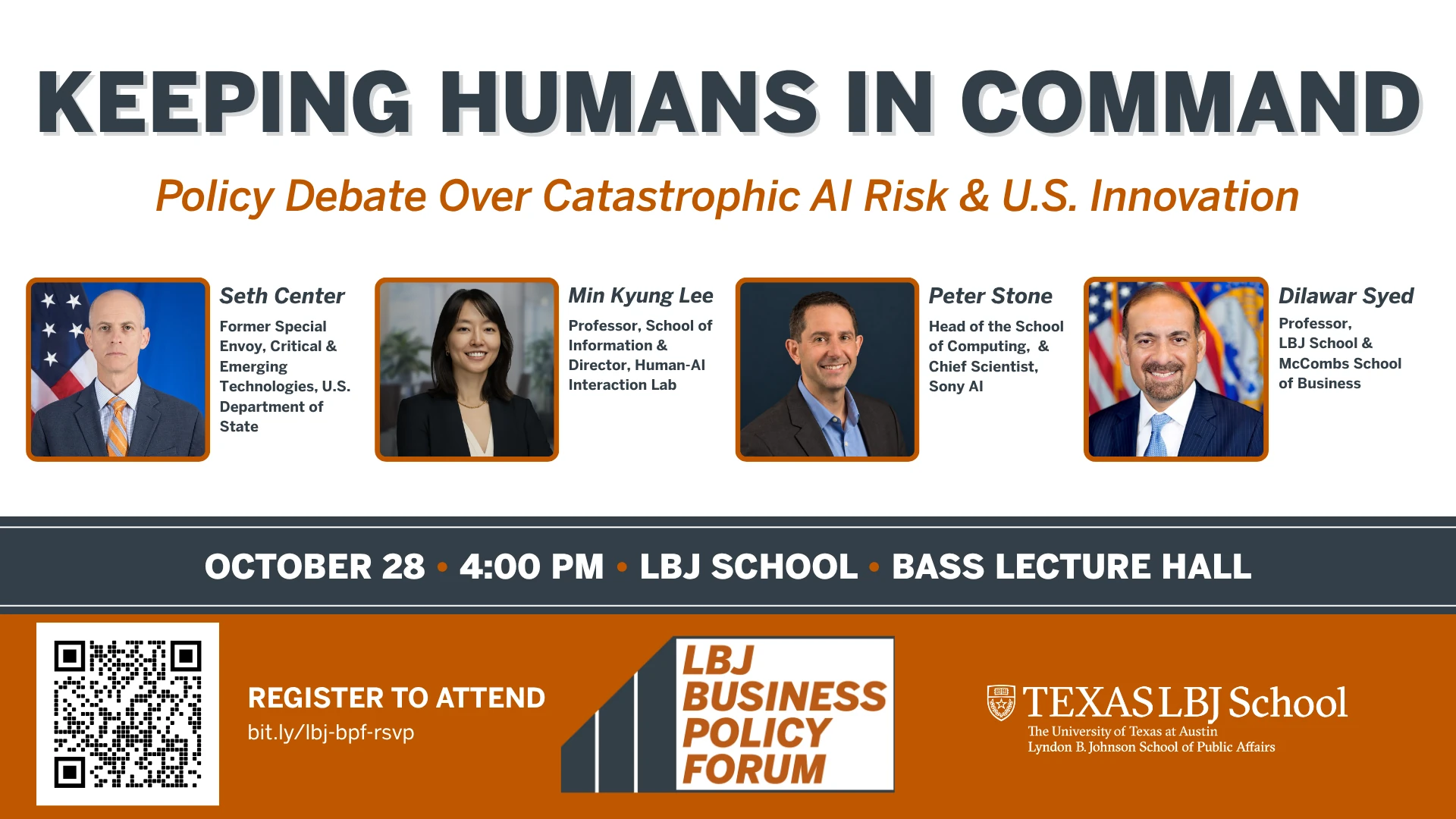 LBJ Business Policy Forum flyer for Keeping Humans in Command, October 28 at 4:00 PM in the Bass Lecture Hall