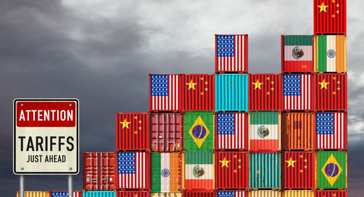 Shipping containers with country flags and tariffs warning sign